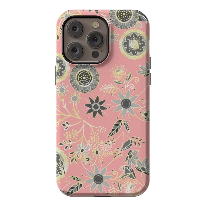 iPhone 14 Pro max StrongFit Elegant Gray and Pink Folk Floral Golden Design by InovArts