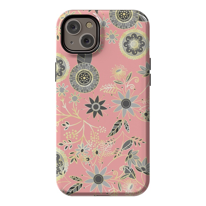 iPhone 14 Plus StrongFit Elegant Gray and Pink Folk Floral Golden Design by InovArts