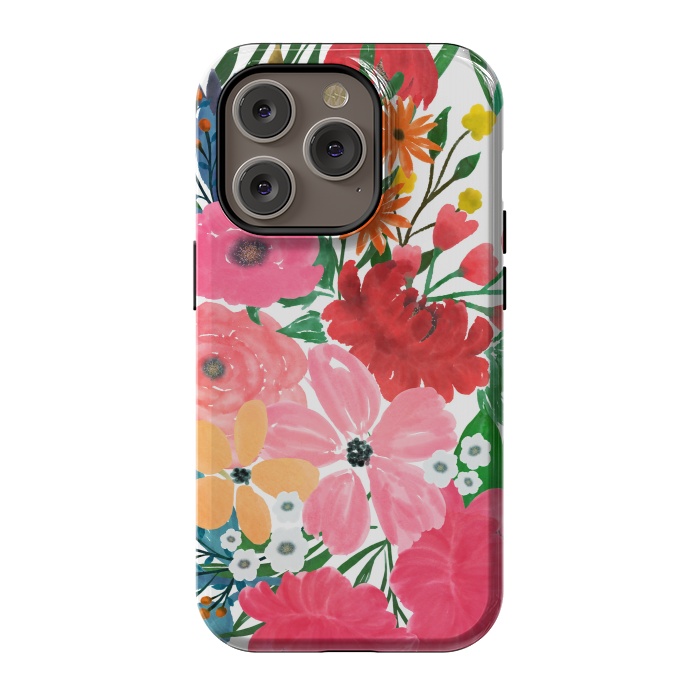 iPhone 14 Pro StrongFit Trendy Pink watercolor Floral Bouquet White Design by InovArts