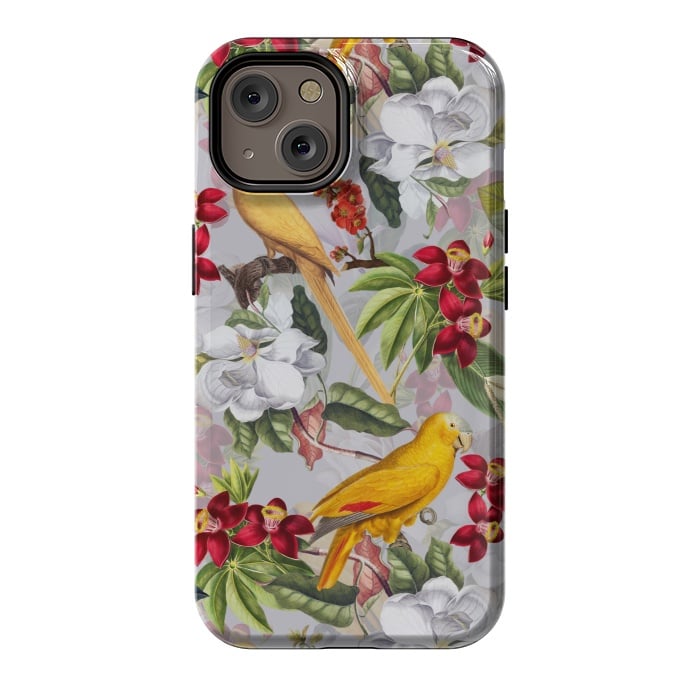 iPhone 14 StrongFit Antique Yellow Parrots in Flower Jungle by  Utart