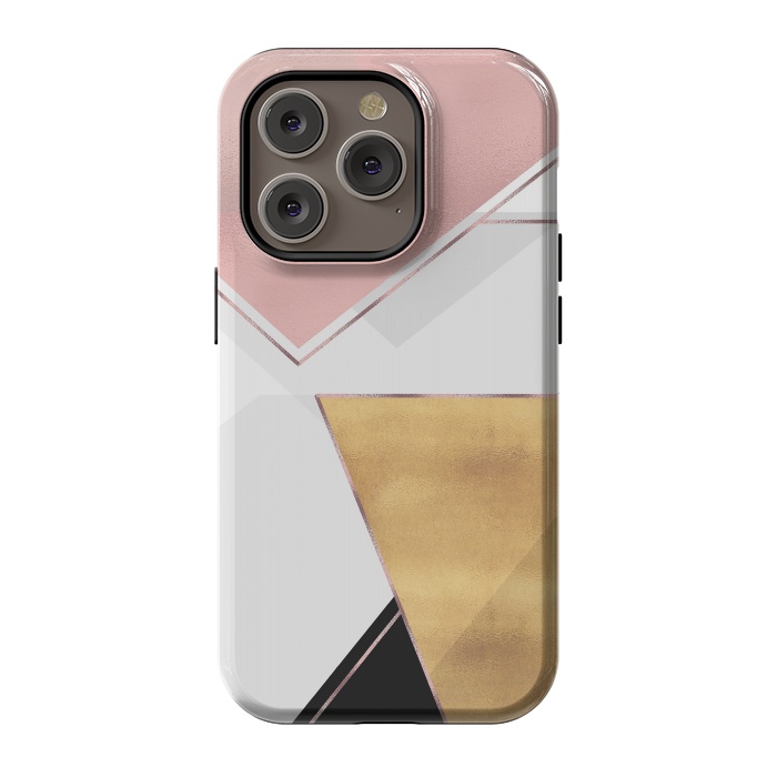 iPhone 14 Pro StrongFit Stylish Gold and Rose Pink Geometric Abstract Design by InovArts