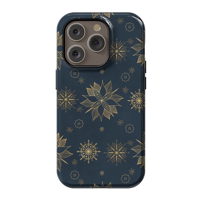 iPhone 14 Pro StrongFit Elegant Gold Blue Poinsettias Snowflakes Pattern by InovArts