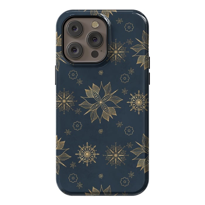 iPhone 14 Pro max StrongFit Elegant Gold Blue Poinsettias Snowflakes Pattern by InovArts