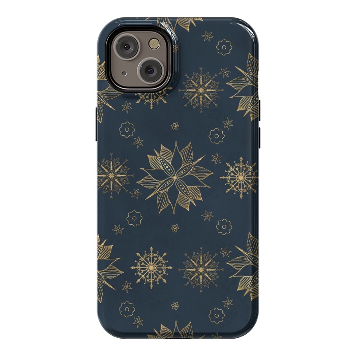 iPhone 14 Plus StrongFit Elegant Gold Blue Poinsettias Snowflakes Pattern by InovArts