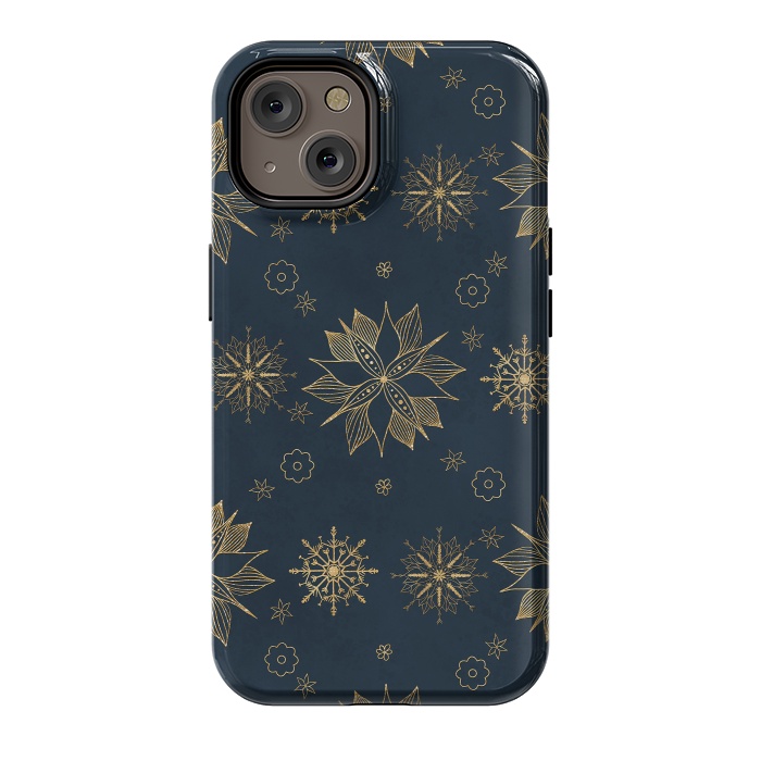 iPhone 14 StrongFit Elegant Gold Blue Poinsettias Snowflakes Pattern by InovArts