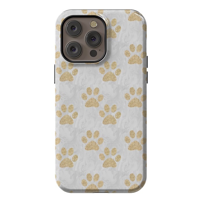 iPhone 14 Pro max StrongFit Gold Paw Prints on Marble by Julie Erin Designs