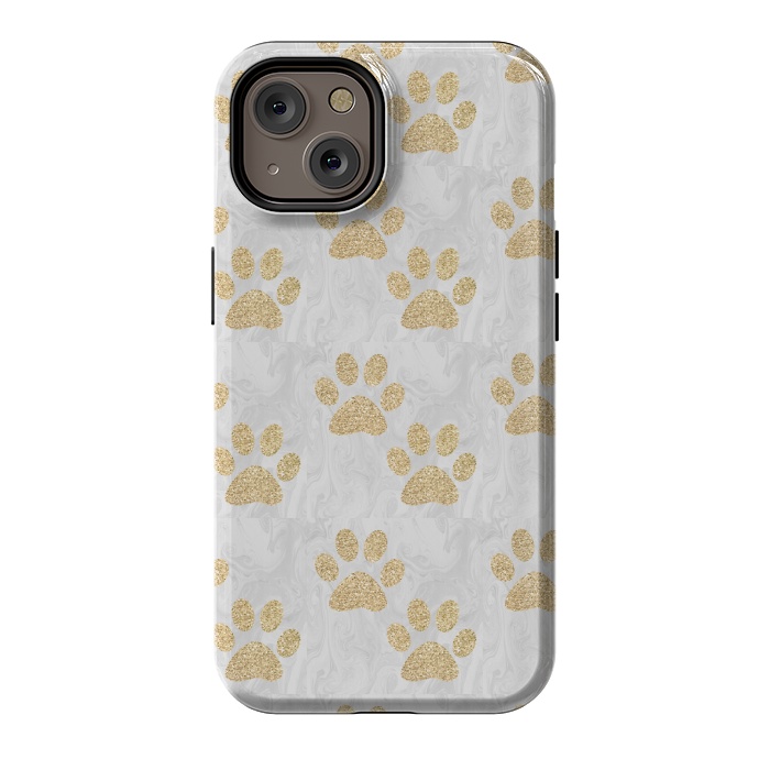 iPhone 14 StrongFit Gold Paw Prints on Marble by Julie Erin Designs