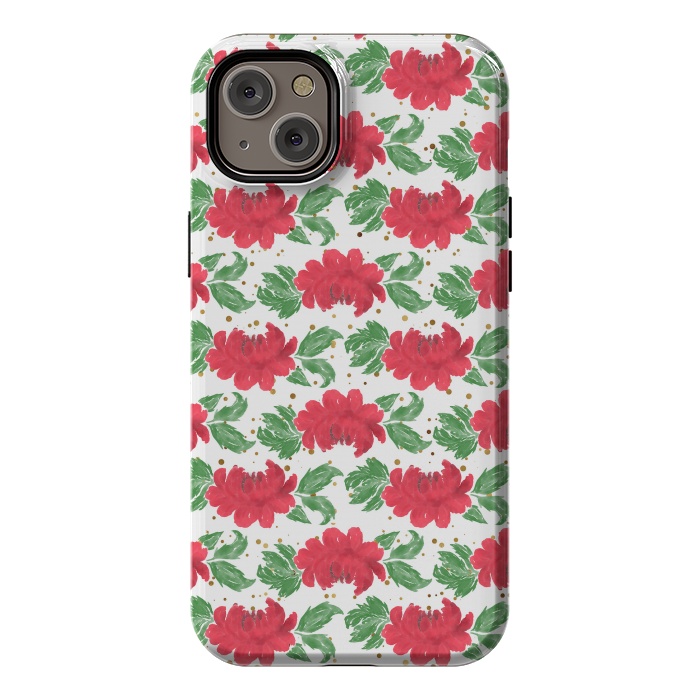 iPhone 14 Plus StrongFit Watercolor Winter Red Flowers Gold Dots Artwork by InovArts