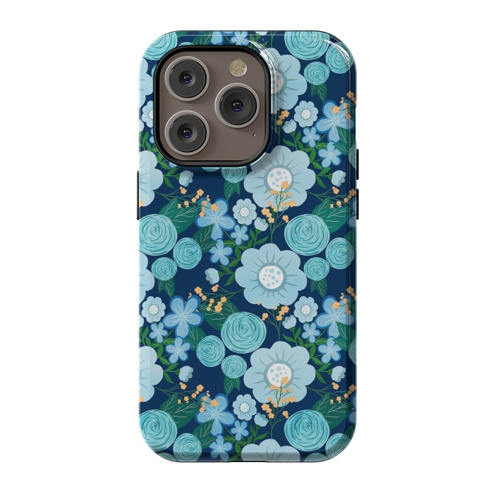 iPhone 14 Pro StrongFit Cute Girly Blue Hand Drawn Flowers Pattern by InovArts