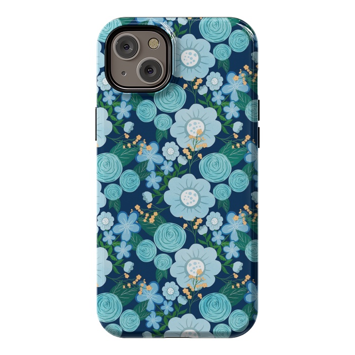 iPhone 14 Plus StrongFit Cute Girly Blue Hand Drawn Flowers Pattern by InovArts