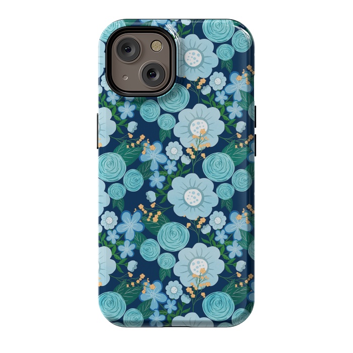 iPhone 14 StrongFit Cute Girly Blue Hand Drawn Flowers Pattern by InovArts