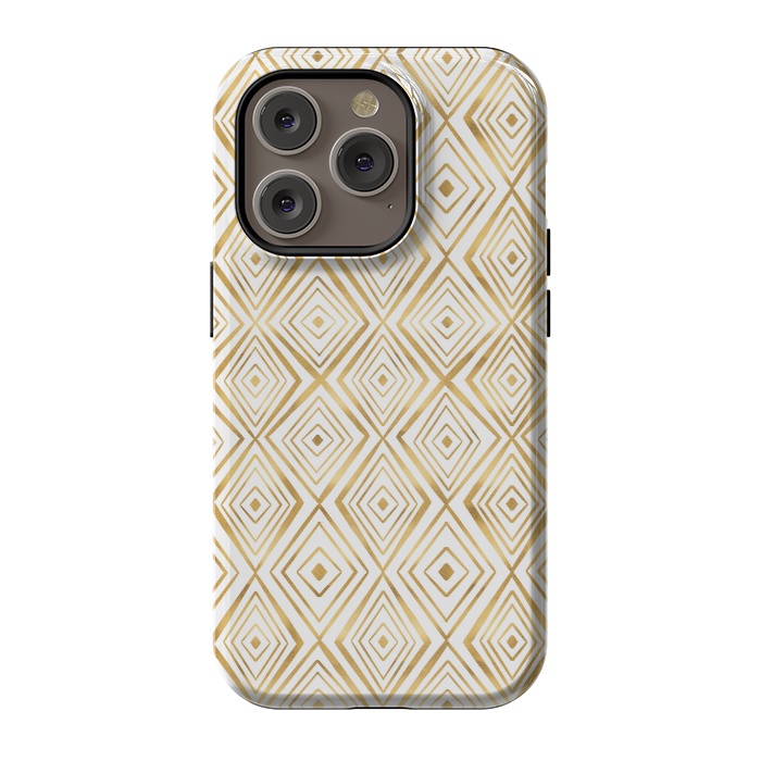 iPhone 14 Pro StrongFit Stylish Gold Diamond Shapes Doodles White Pattern by InovArts
