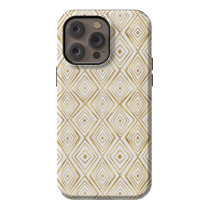 iPhone 14 Pro max StrongFit Stylish Gold Diamond Shapes Doodles White Pattern by InovArts