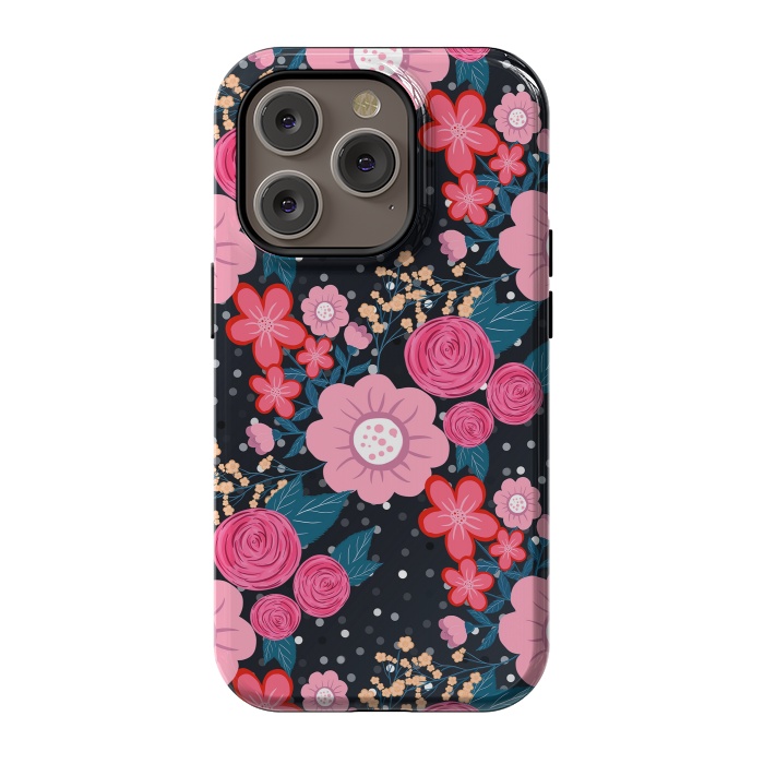 iPhone 14 Pro StrongFit Pretty girly pink Floral Silver Dots Gray design by InovArts
