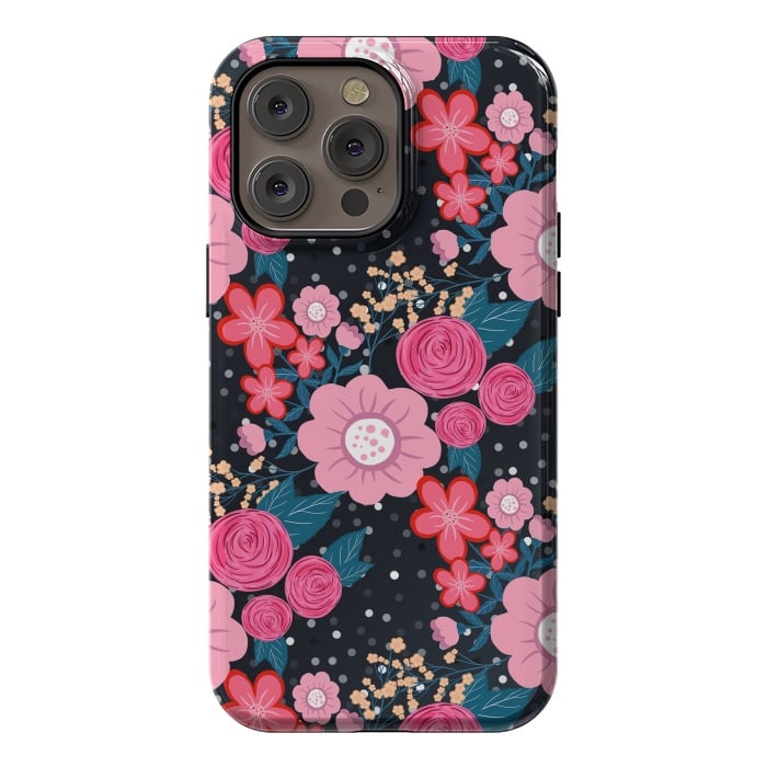iPhone 14 Pro max StrongFit Pretty girly pink Floral Silver Dots Gray design by InovArts
