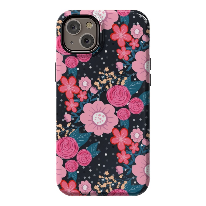 iPhone 14 Plus StrongFit Pretty girly pink Floral Silver Dots Gray design by InovArts