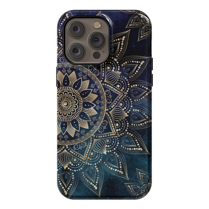 iPhone 14 Pro max StrongFit Elegant Gold Mandala Blue Galaxy Design by InovArts