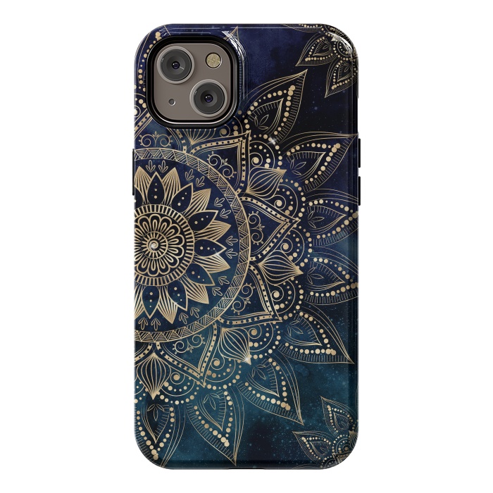 iPhone 14 Plus StrongFit Elegant Gold Mandala Blue Galaxy Design by InovArts
