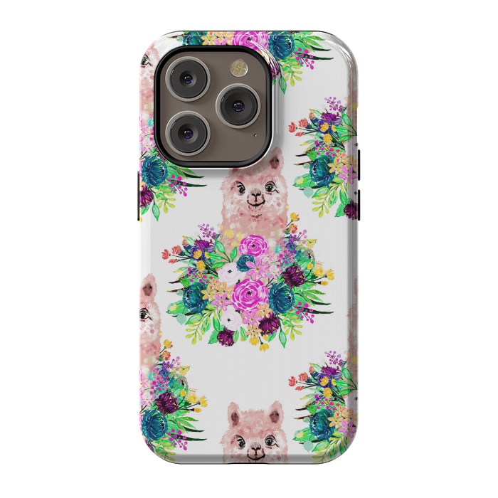 iPhone 14 Pro StrongFit Cute Pink Alpaca and Flowers Watercolor paint by InovArts