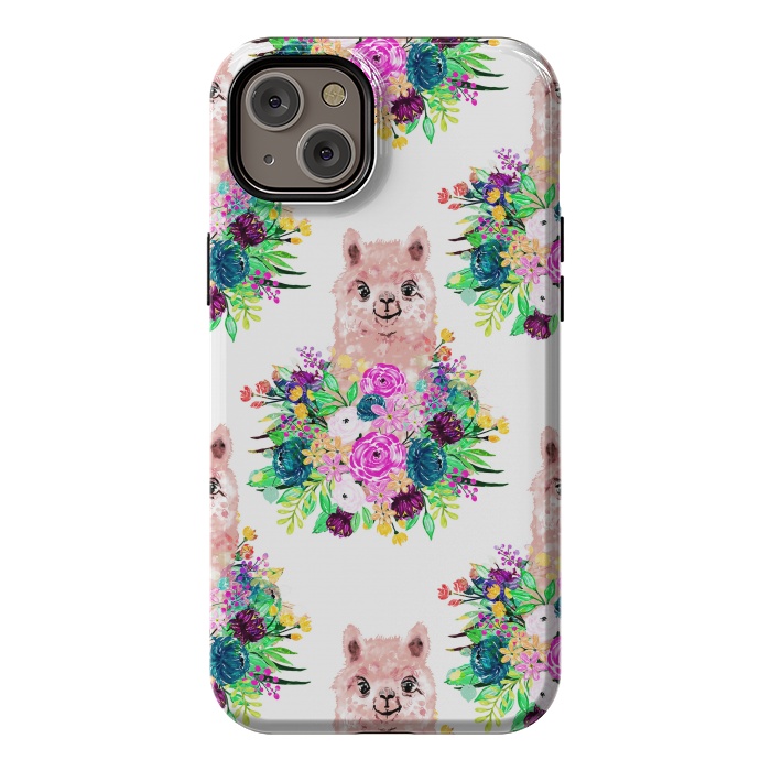iPhone 14 Plus StrongFit Cute Pink Alpaca and Flowers Watercolor paint by InovArts
