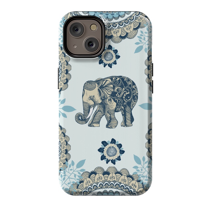 iPhone 14 StrongFit Blue Floral Elephant  by Rose Halsey