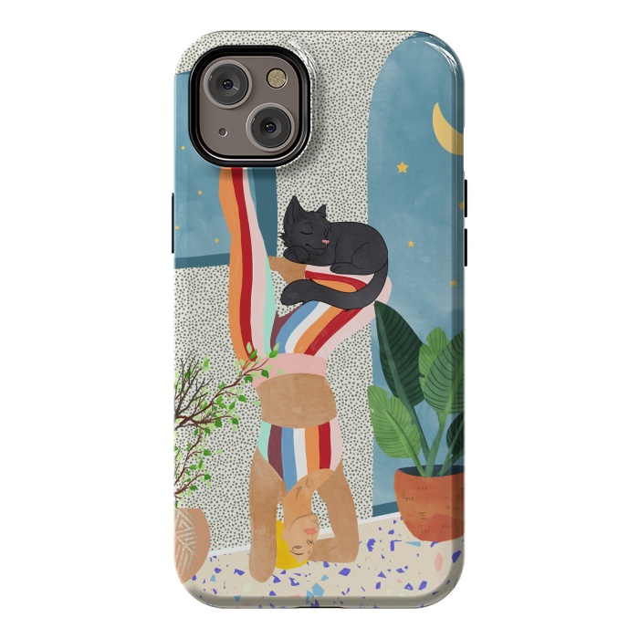 iPhone 14 Plus StrongFit Headstand, Cat Yoga, Active Woman Workout, Eclectic Colorful Pets Terrazzo by Uma Prabhakar Gokhale