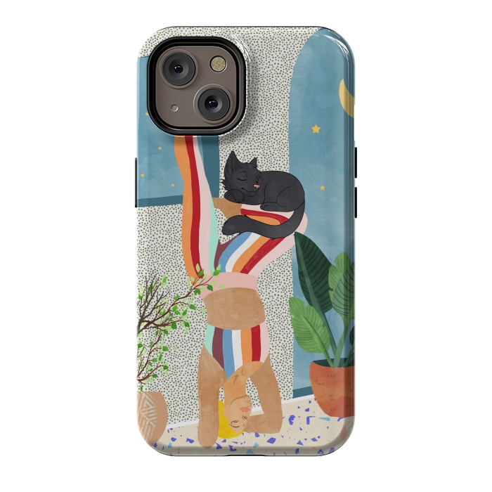 iPhone 14 StrongFit Headstand, Cat Yoga, Active Woman Workout, Eclectic Colorful Pets Terrazzo by Uma Prabhakar Gokhale