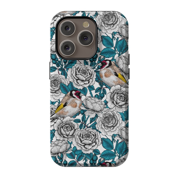 iPhone 14 Pro StrongFit White rose flowers and goldfinch birds by Katerina Kirilova