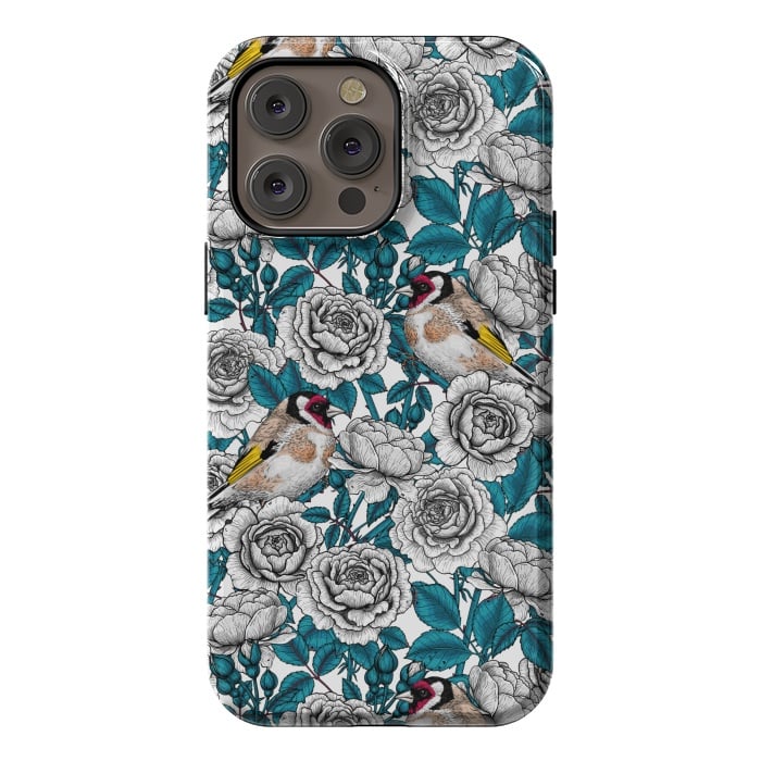 iPhone 14 Pro max StrongFit White rose flowers and goldfinch birds by Katerina Kirilova