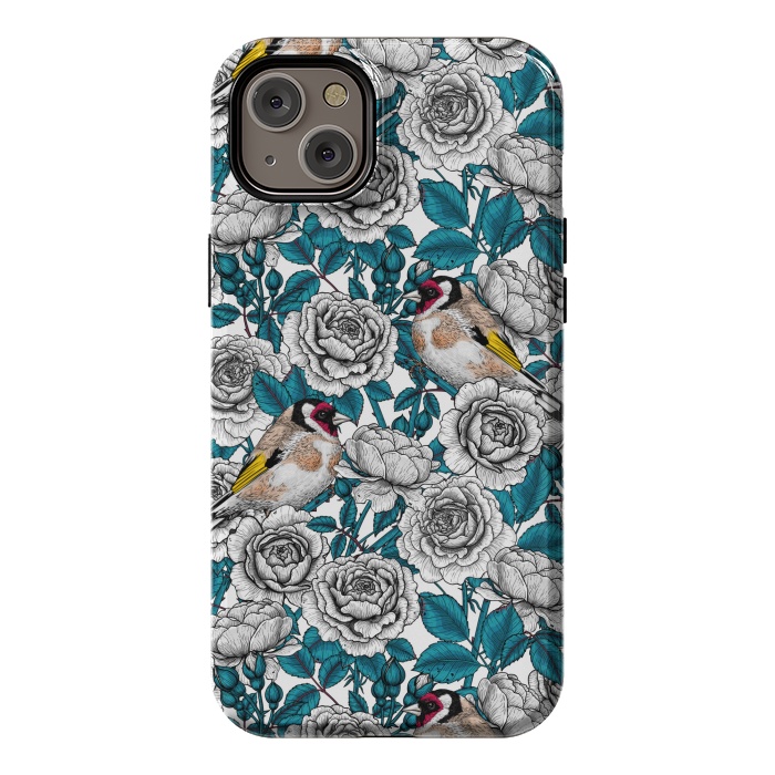 iPhone 14 Plus StrongFit White rose flowers and goldfinch birds by Katerina Kirilova
