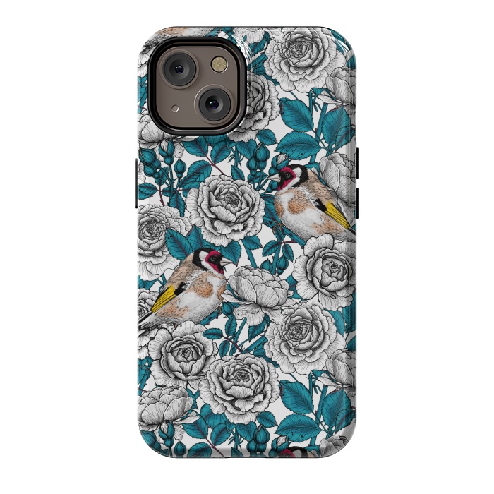 iPhone 14 StrongFit White rose flowers and goldfinch birds by Katerina Kirilova