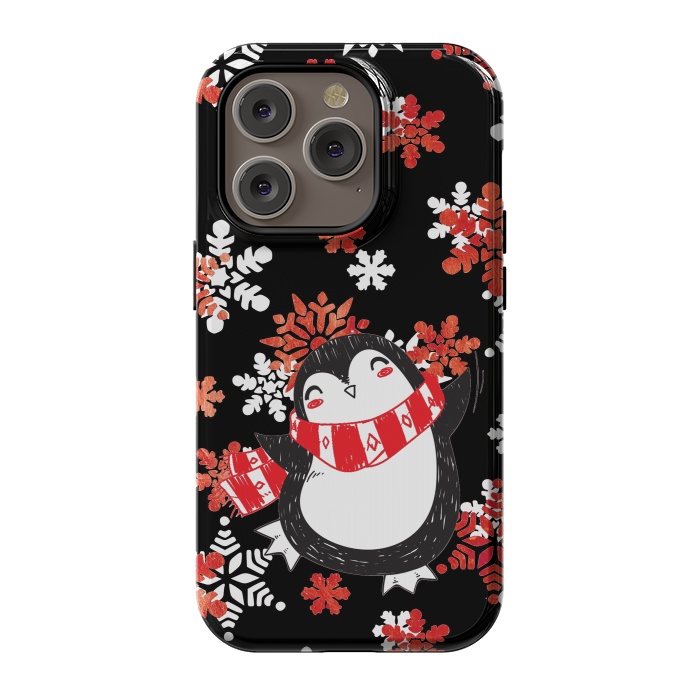 iPhone 14 Pro StrongFit Cute penguin and winter snowflakes Jolly Christmas illustration by Oana 