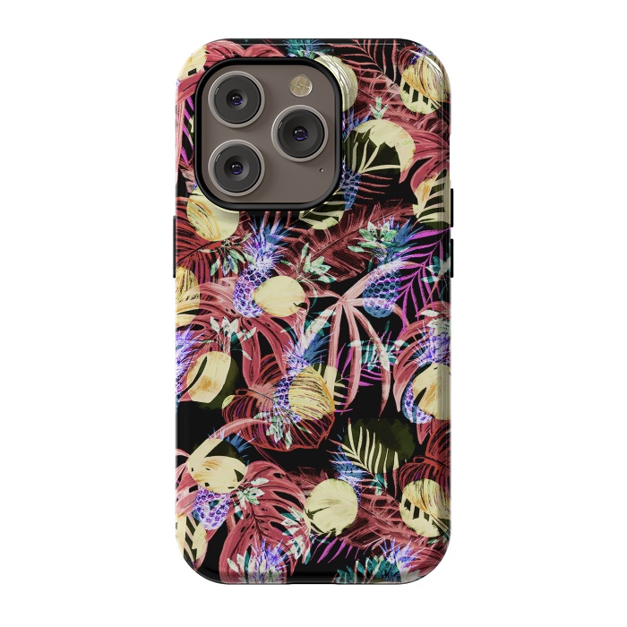 iPhone 14 Pro StrongFit Colourful painted tropical leaves and pineapples by Oana 
