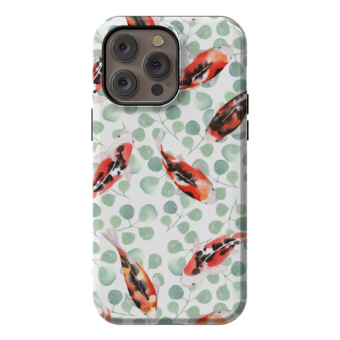 iPhone 14 Pro max StrongFit Koi fish. White pattern by Julia Badeeva