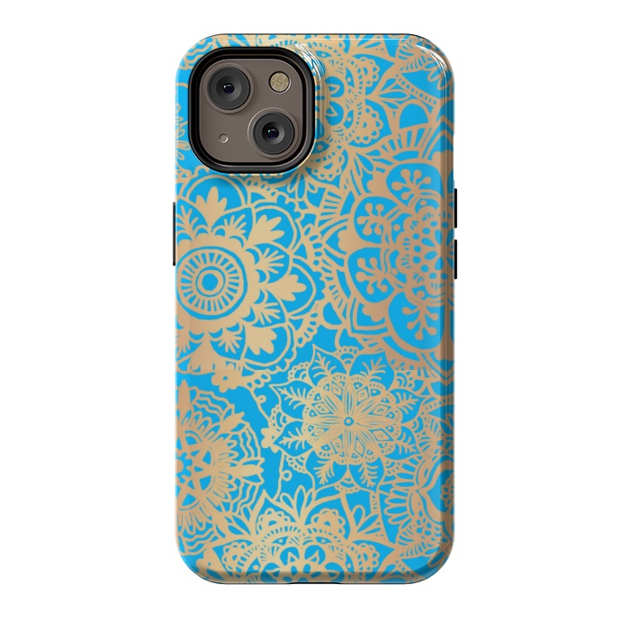 iPhone 14 StrongFit Light Blue and Gold Mandala Pattern by Julie Erin Designs