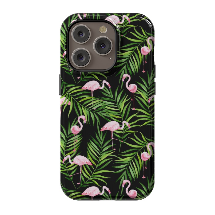 iPhone 14 Pro StrongFit Pink flamingo ang palm leaves by Julia Badeeva