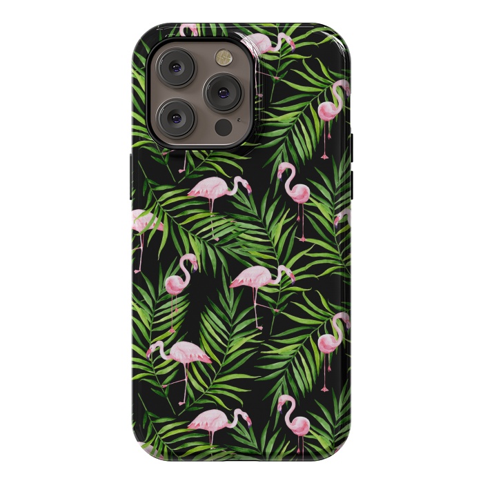 iPhone 14 Pro max StrongFit Pink flamingo ang palm leaves by Julia Badeeva