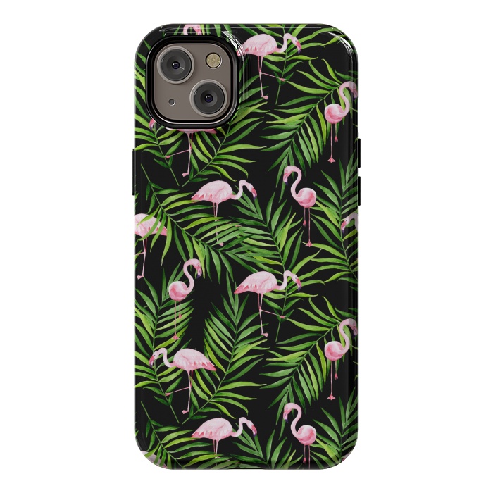 iPhone 14 Plus StrongFit Pink flamingo ang palm leaves by Julia Badeeva