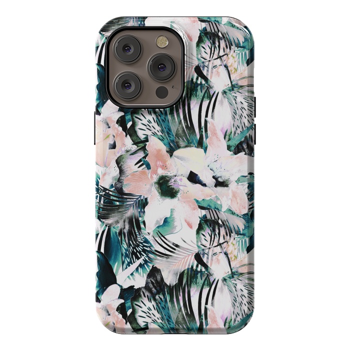 iPhone 14 Pro max StrongFit Tropical flowers and palm leaves by Oana 