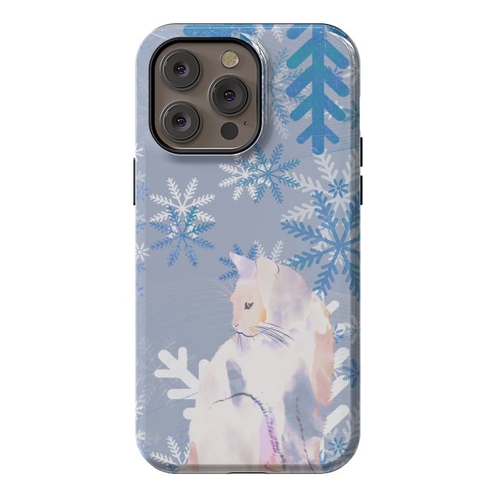 iPhone 14 Pro max StrongFit Cat and metallic blue snowflakes watercolor illustration by Oana 