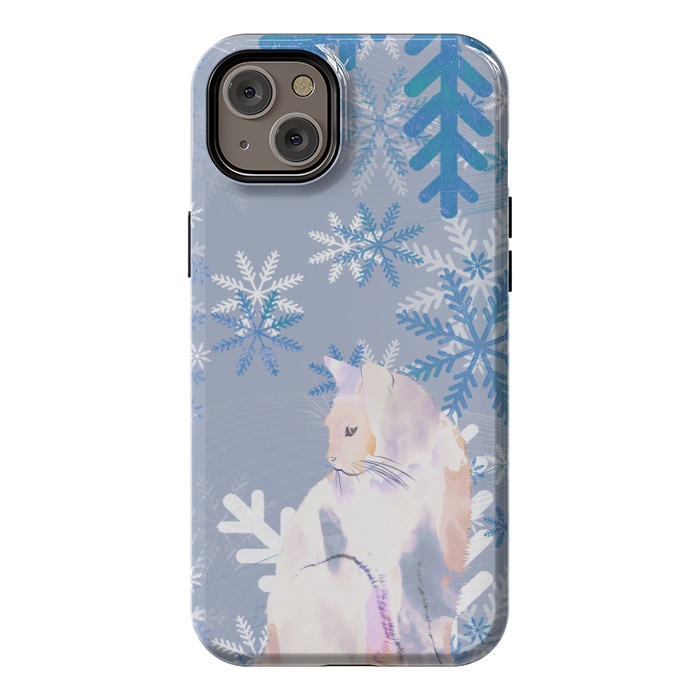 iPhone 14 Plus StrongFit Cat and metallic blue snowflakes watercolor illustration by Oana 