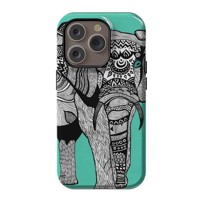iPhone 14 Pro StrongFit Turquoise Elephant by Pom Graphic Design