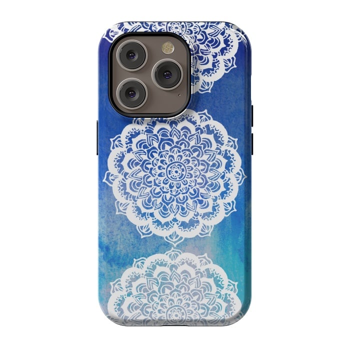 iPhone 14 Pro StrongFit Intricate Mandala on Watercolor Blue by Tangerine-Tane