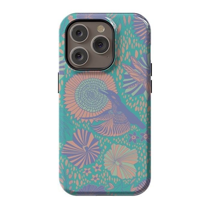 iPhone 14 Pro StrongFit Mint bird and dragonfly by Nina Leth