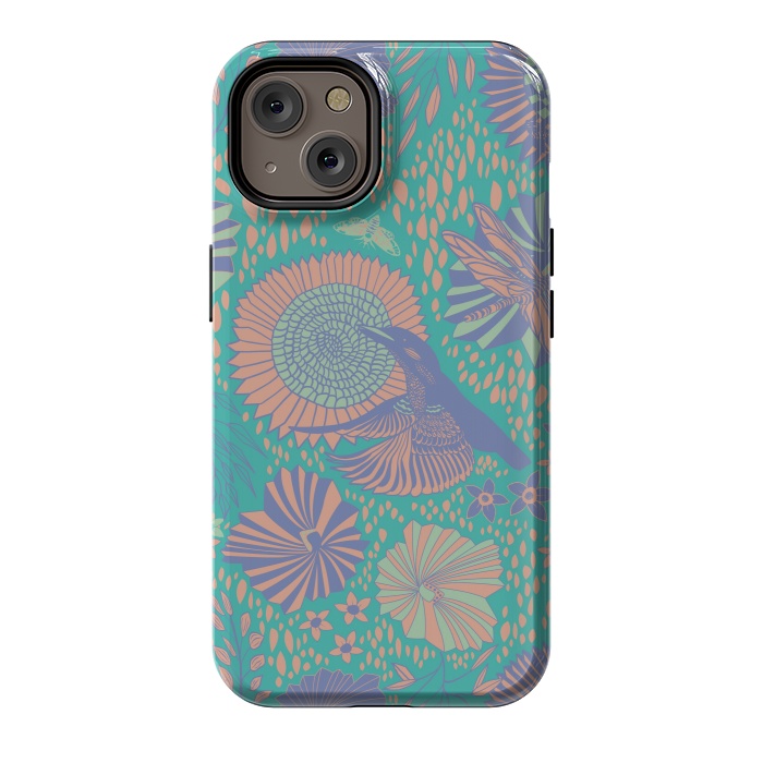 iPhone 14 StrongFit Mint bird and dragonfly by Nina Leth