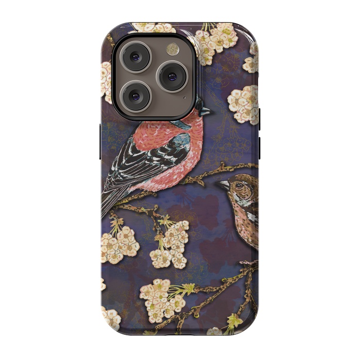 iPhone 14 Pro StrongFit Chaffinches in Cherry Blossom by Lotti Brown