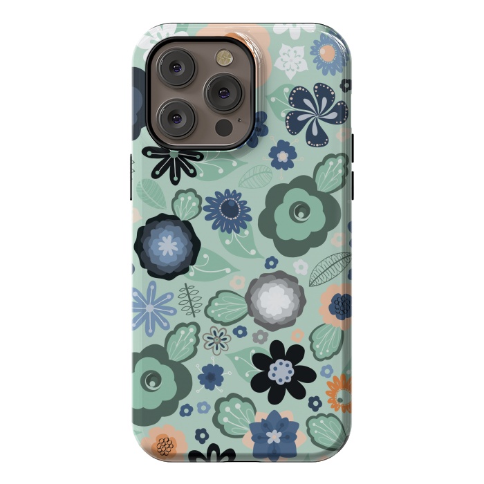 iPhone 14 Pro max StrongFit Kitsch 70s Flowers in Light Blue by Paula Ohreen