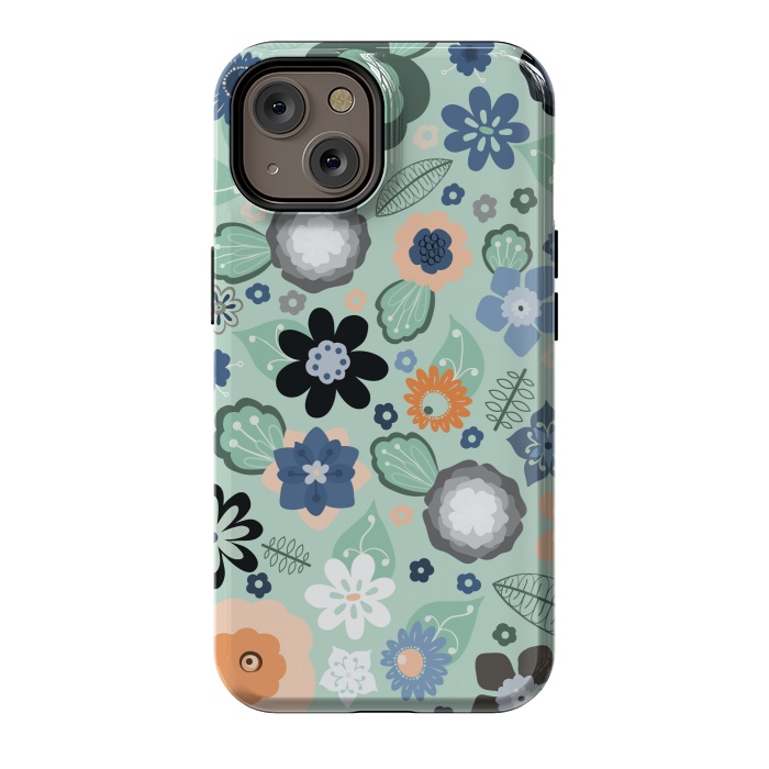 iPhone 14 StrongFit Kitsch 70s Flowers in Light Blue by Paula Ohreen