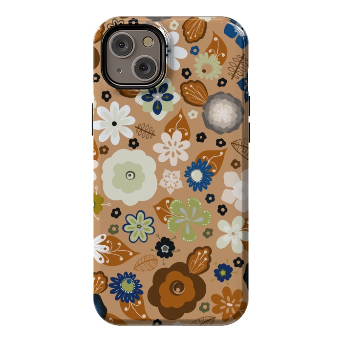 iPhone 14 Plus StrongFit Kitsch 70s Flowers in Classic Blue and Brown by Paula Ohreen