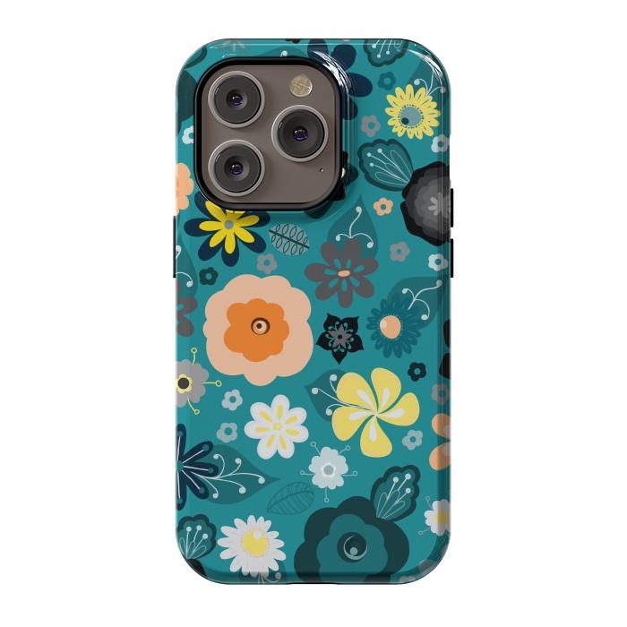 iPhone 14 Pro StrongFit Kitsch 70s Flowers in Classic Blue and Yellow by Paula Ohreen